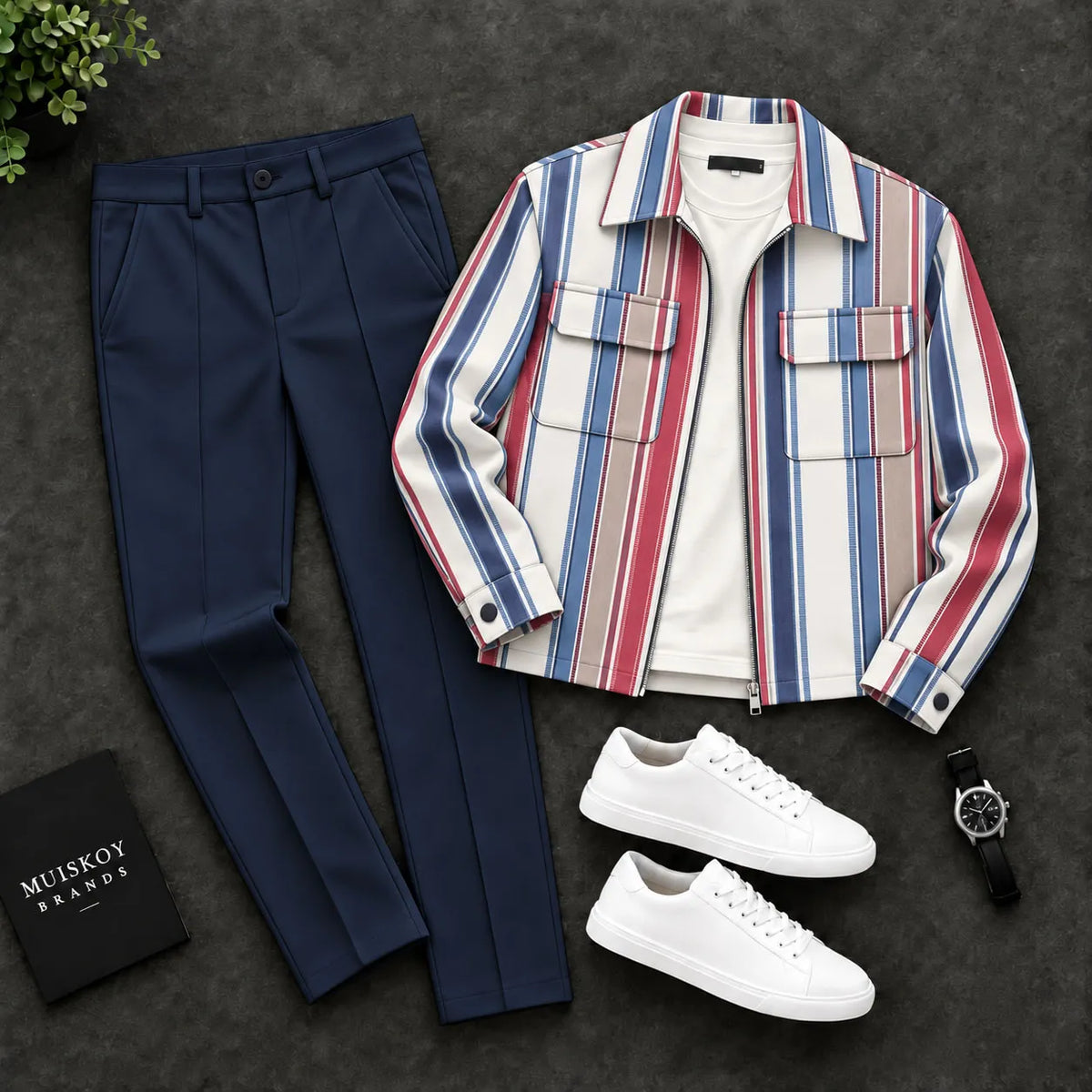 Men's Multicolored Striped Zipper Cardigan and Pants Set