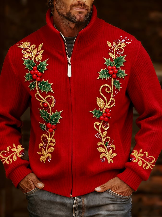 Men's Vintage Christmas Art Design Printed Knitted Jacquard Zip Comfort Jacket