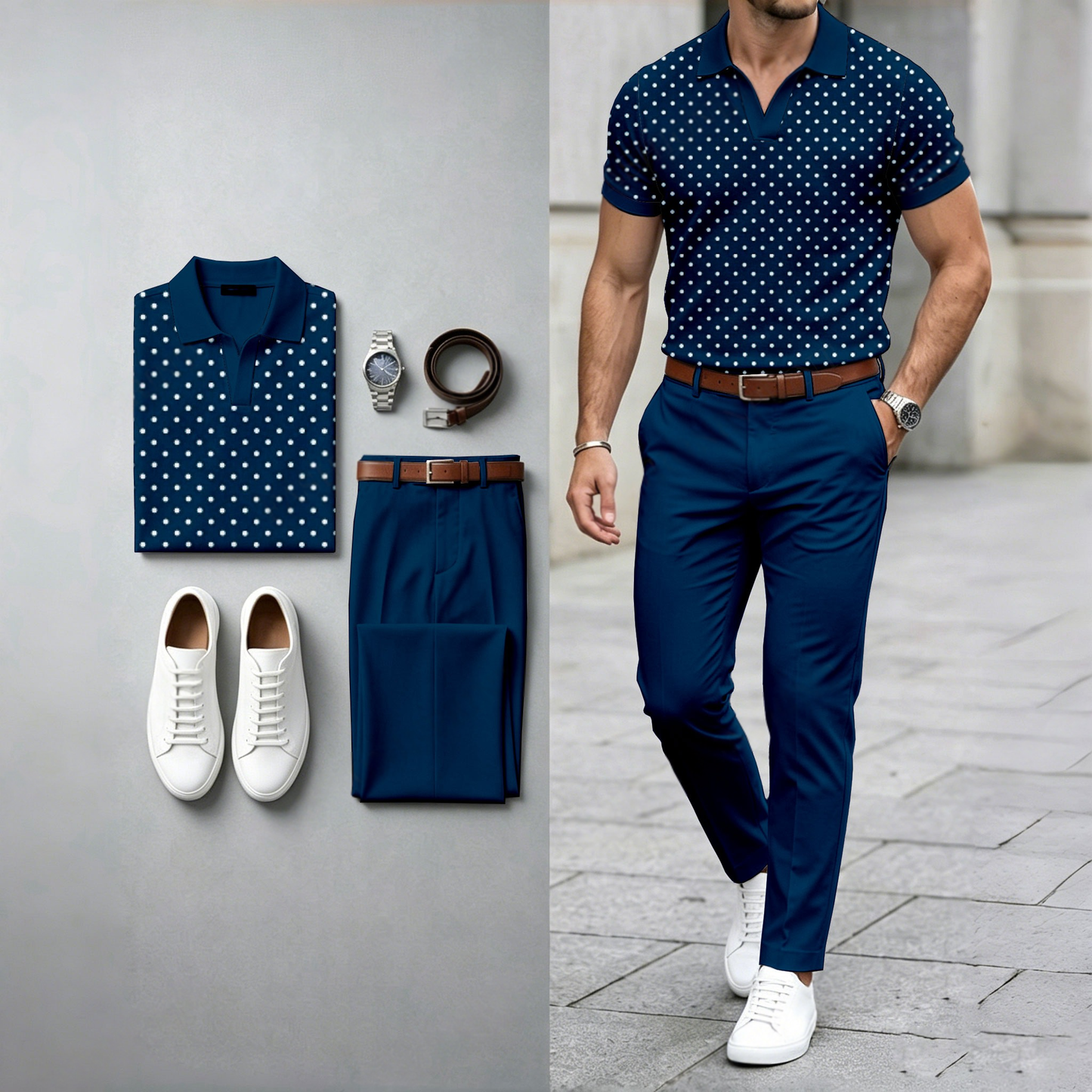 Men's Casual Checkered Short-Sleeve Polo Shirt And Pants Two-Piece Set (Watch And Belt Not Included)