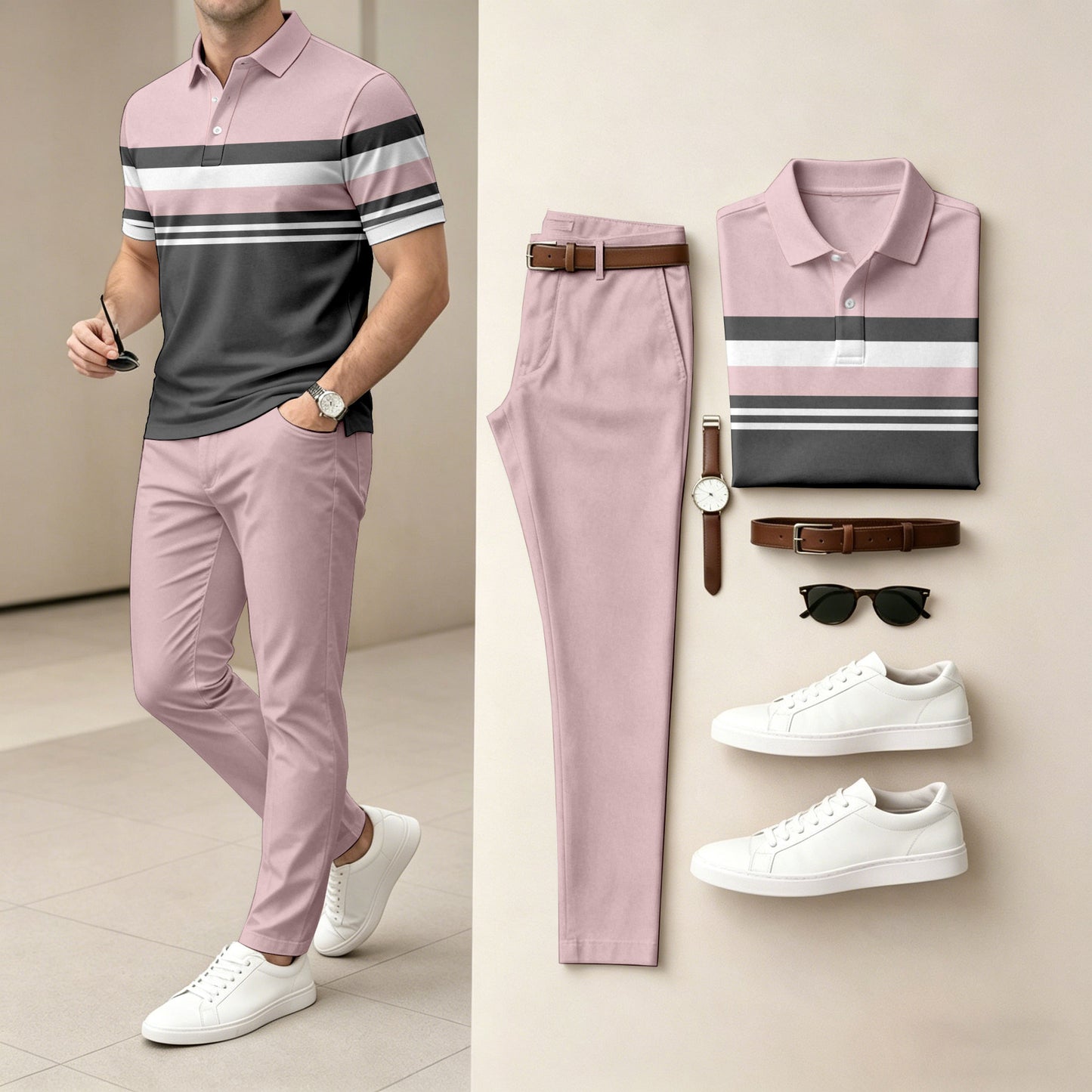 Men's Color-Blocked Short-Sleeve Polo Shirt and Pants Set