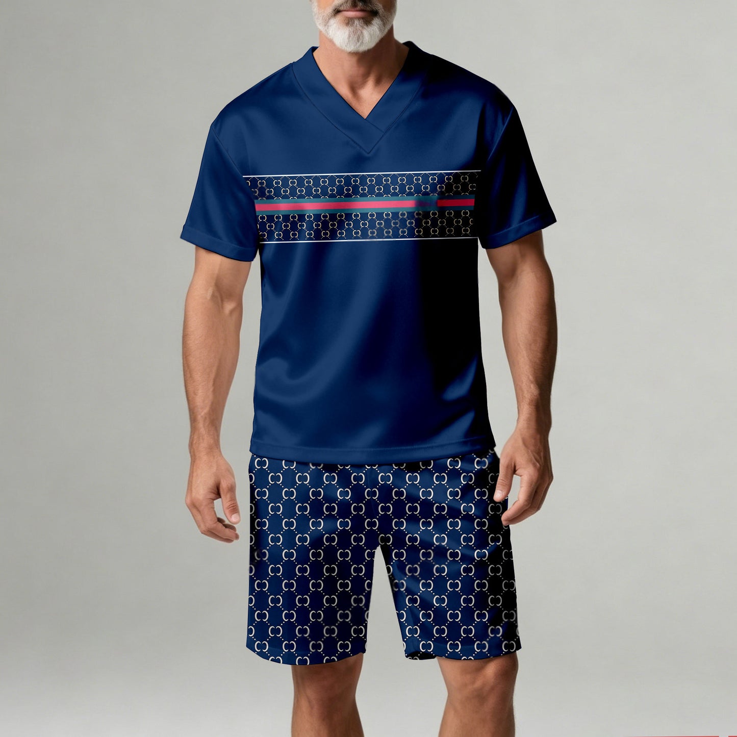 Men's Casual Navy Blue Geometric Print V-Neck Short-Sleeve T-Shirt And Shorts Two-Piece Set