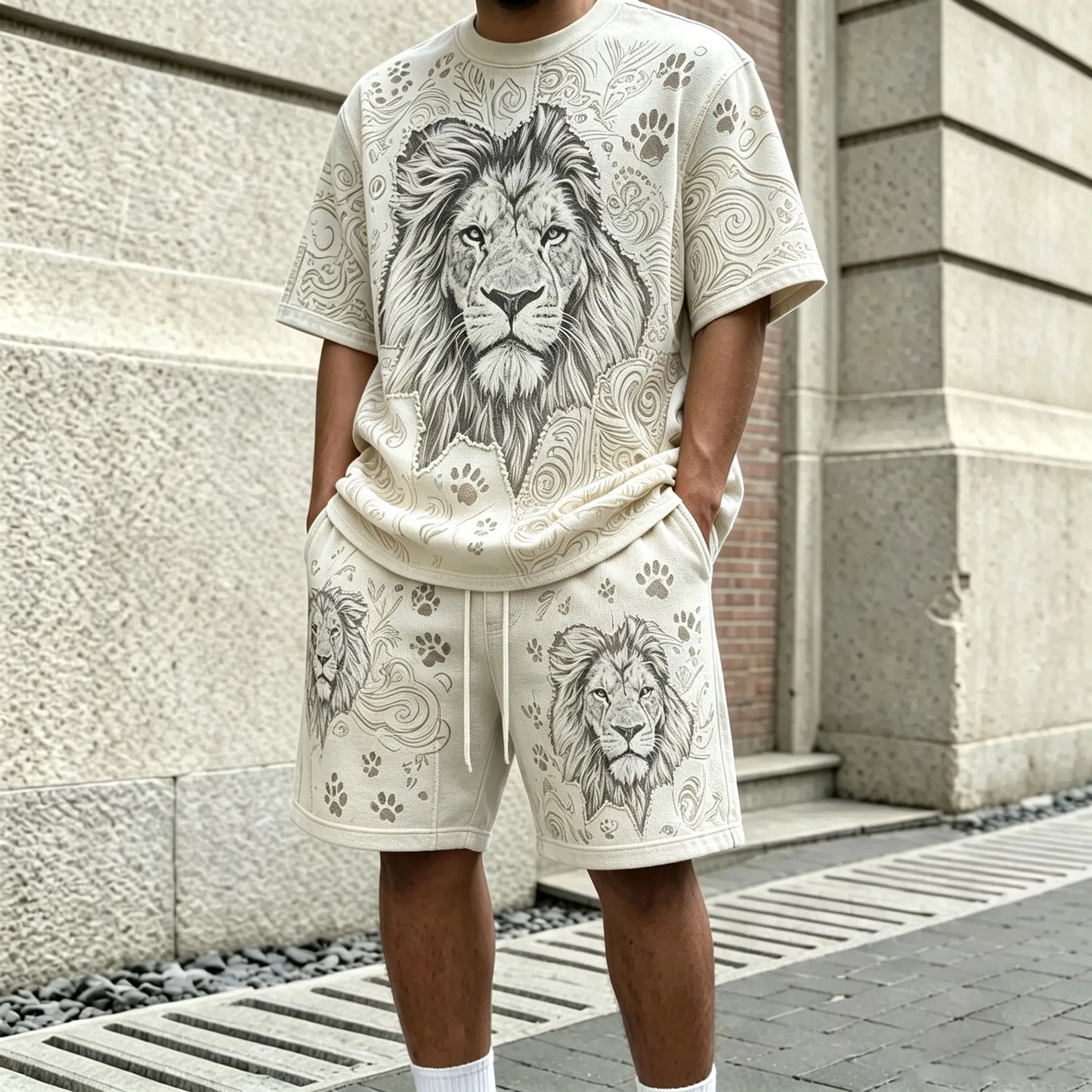 Men's Beige Lion-Print Round-Neck Short-Sleeve T-Shirt and Shorts Set