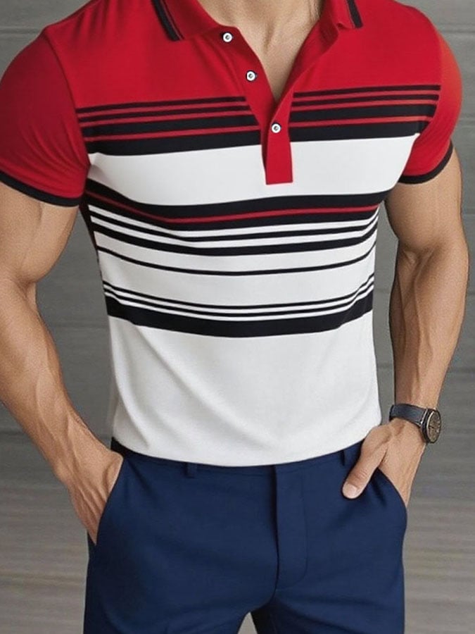 Men'S Casual Classic Striped Print Business Short-Sleeved Polo Shirt