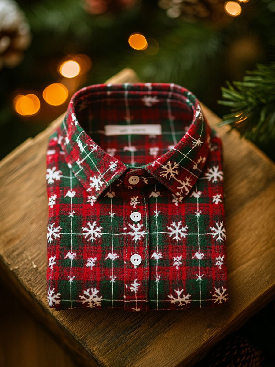 Men's Business Christmas Plaid Snowflake Print Christmas Long Sleeve Shirt