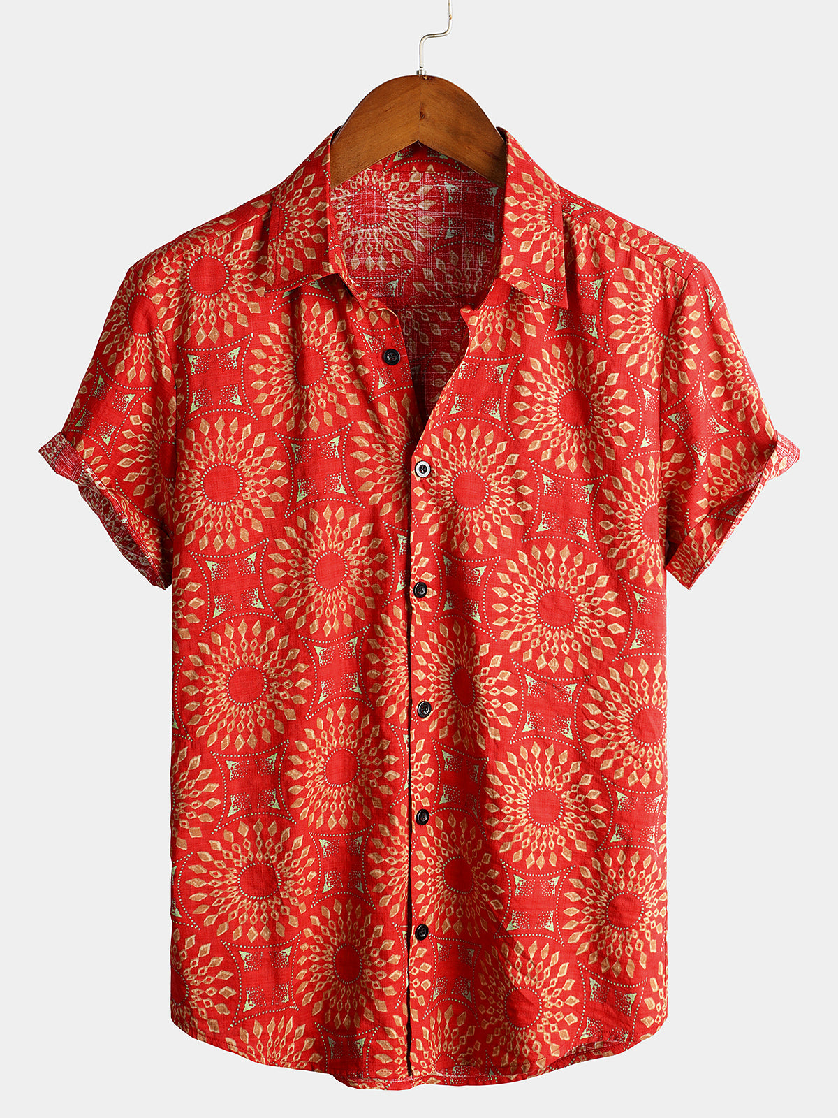 Men's Cotton Vintage 70s Floral Retro Button Up Green Summer Beach Bohemian Boho Short Sleeve Shirt