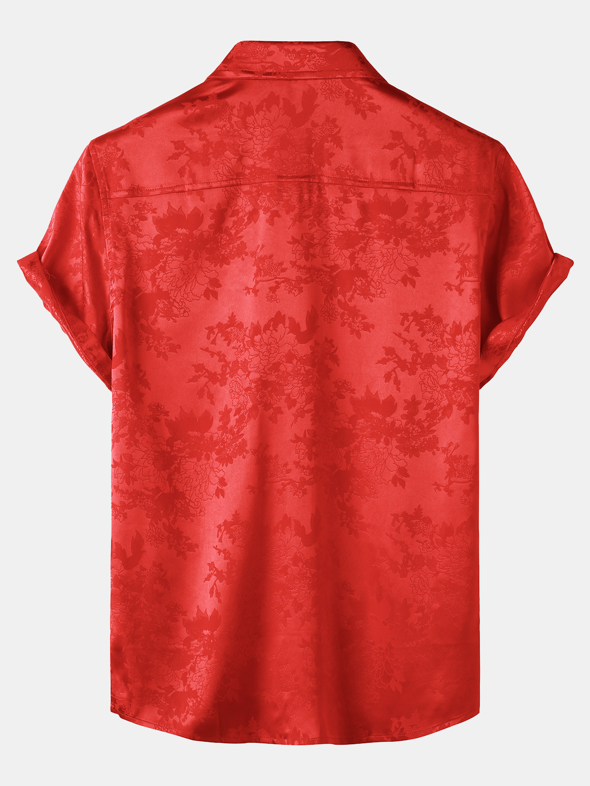 Men's Casual Jacquard Silky Satin Floral Pocket Short Sleeve Shirt