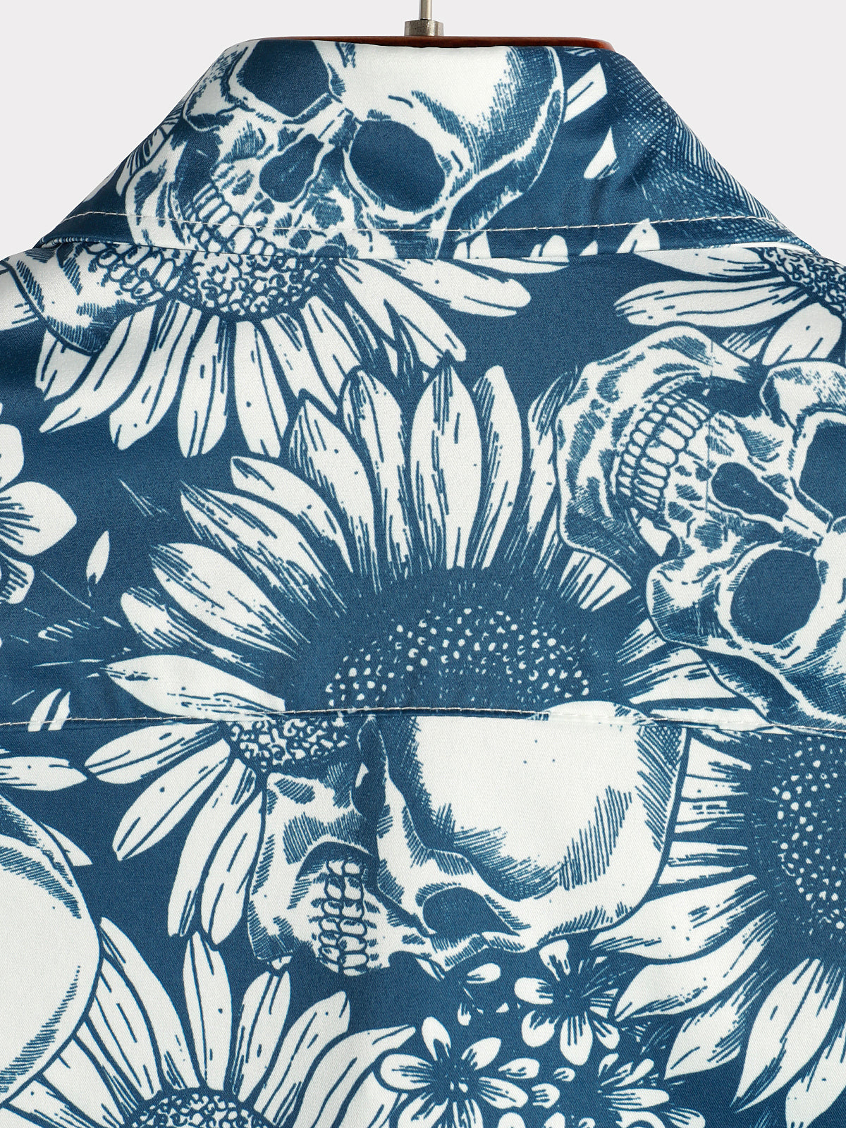 Men's Skull Sunflower Button Up Short Sleeve Art Flower Blue Rock and Roll Hawaiian Shirt