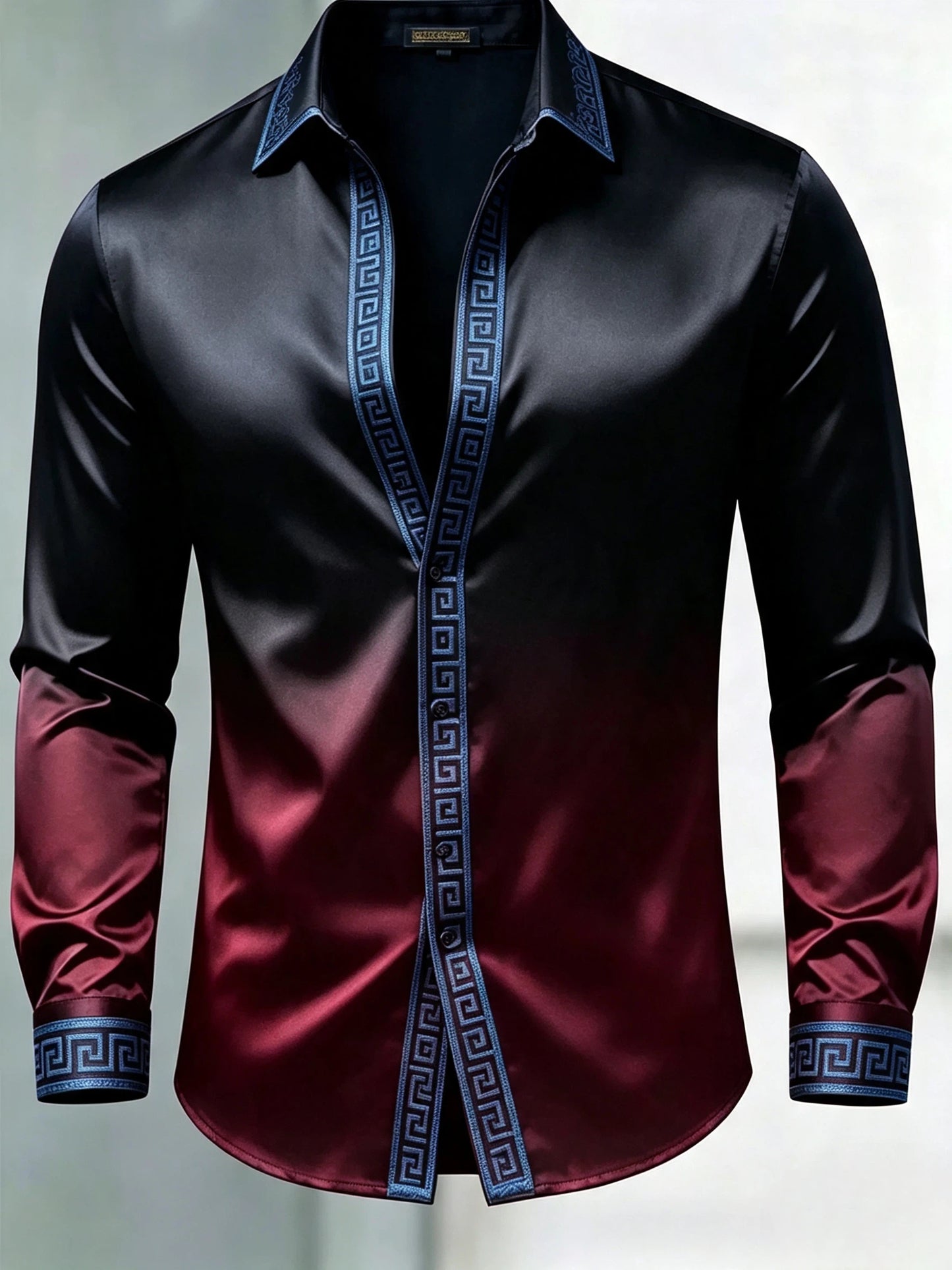 Men's Luxury Glossy Satin Long Sleeve Gradient Black Burgundy Dress Shirt