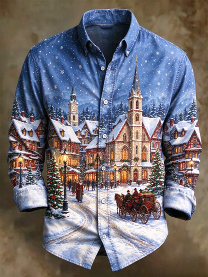 Men's Snowy Christmas Village Scene Long Sleeve Button Up Holiday Shirt