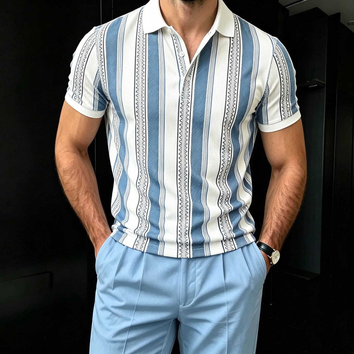 Men's Casual Blue & White Color Matching Striped Printed Short Sleeves Polo Shirt