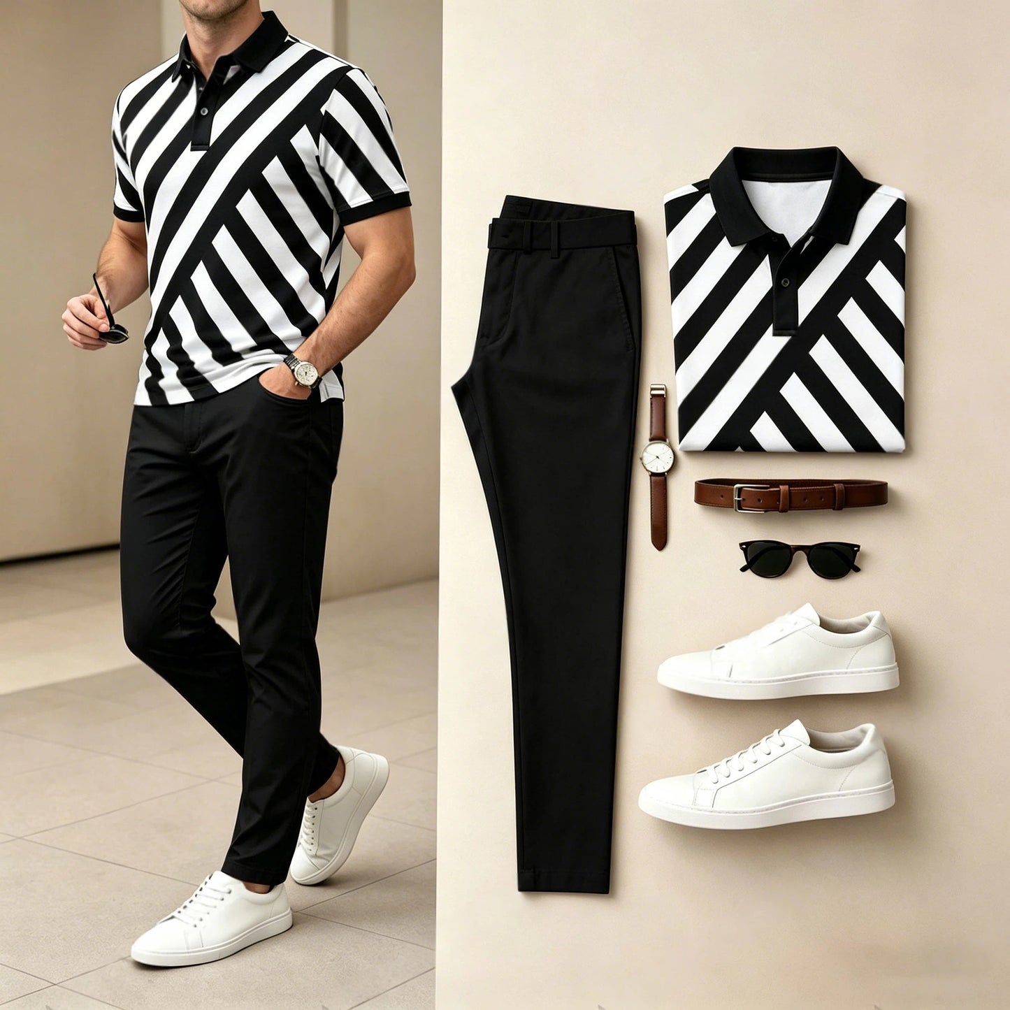 Men's Casual Black & White Stripes Printed Polo Shirt And Pants Two-Piece Set