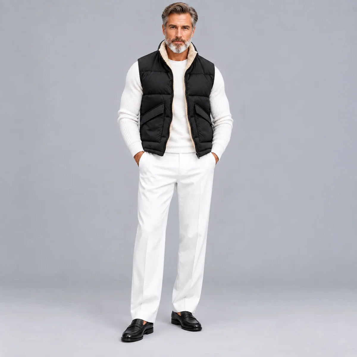 Men's Solid Color Stand Collar Zipper Sherpa Fleece Lined Reversible Puffer Vest