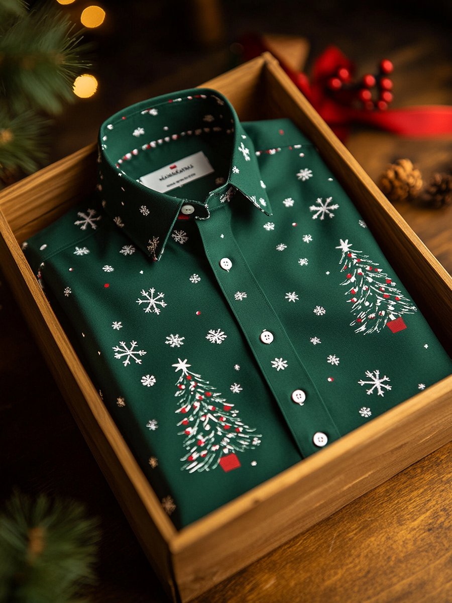 Men's Business Christmas Tree Print Long Sleeve Shirt