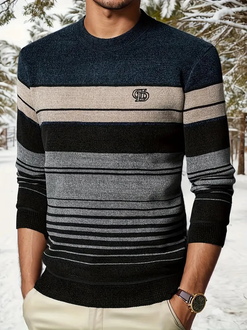 Men's Casual Stripe Round Neck Knit Sweater