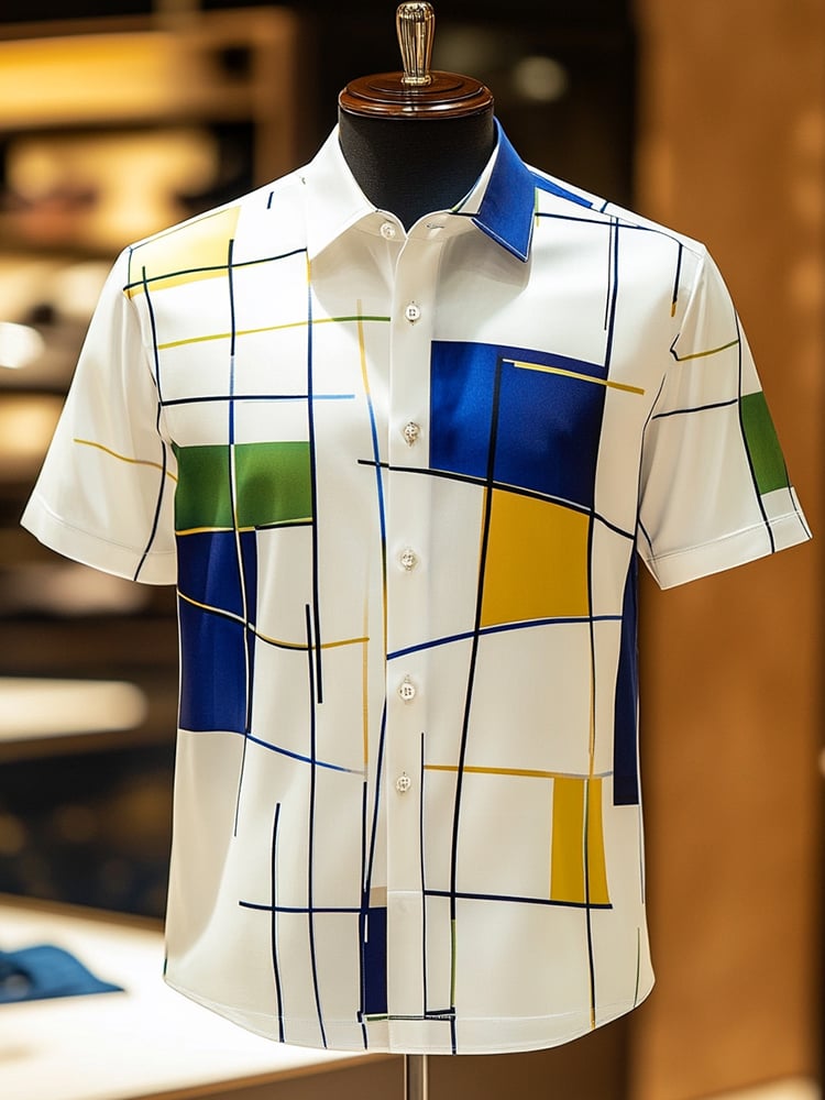 Men's Business Casual Creative Plaid Lapel Short Sleeve Shirt