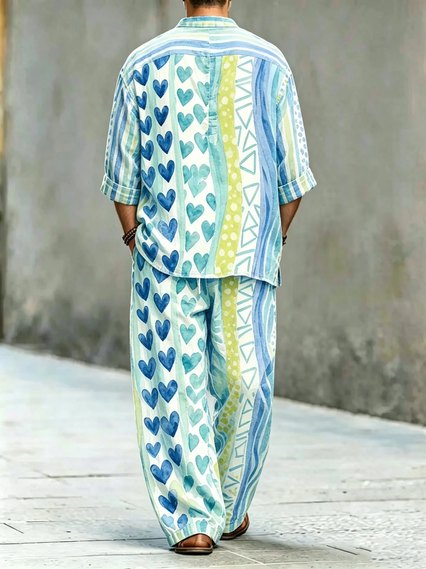 Men's Vintage Abstract Art Printed Cotton Shirt Set (Top & Pants)