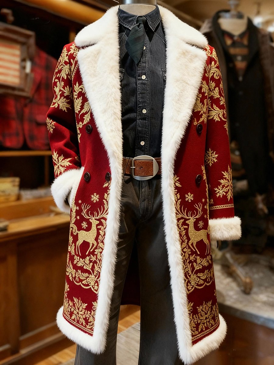 Men's Business Christmas Reindeer Long Plush Coat