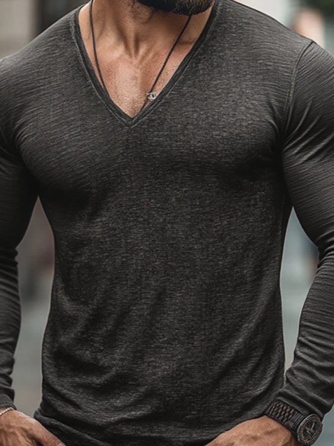 Men's Casual Solid Color V-Neck Long Sleeve T-Shirt