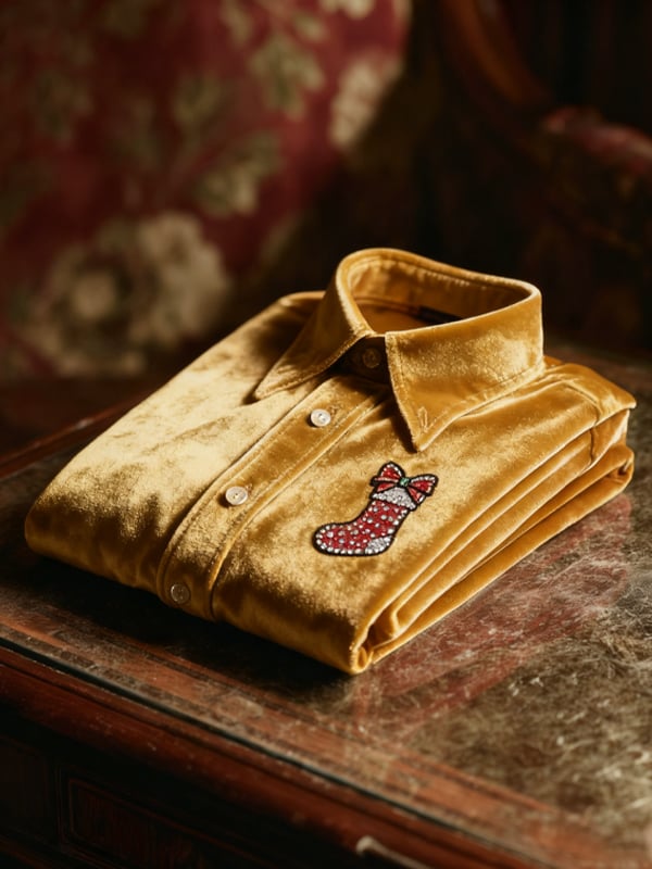 Men's Velvet Rhinestone Christmas Logo Casual Long Sleeve Shirt