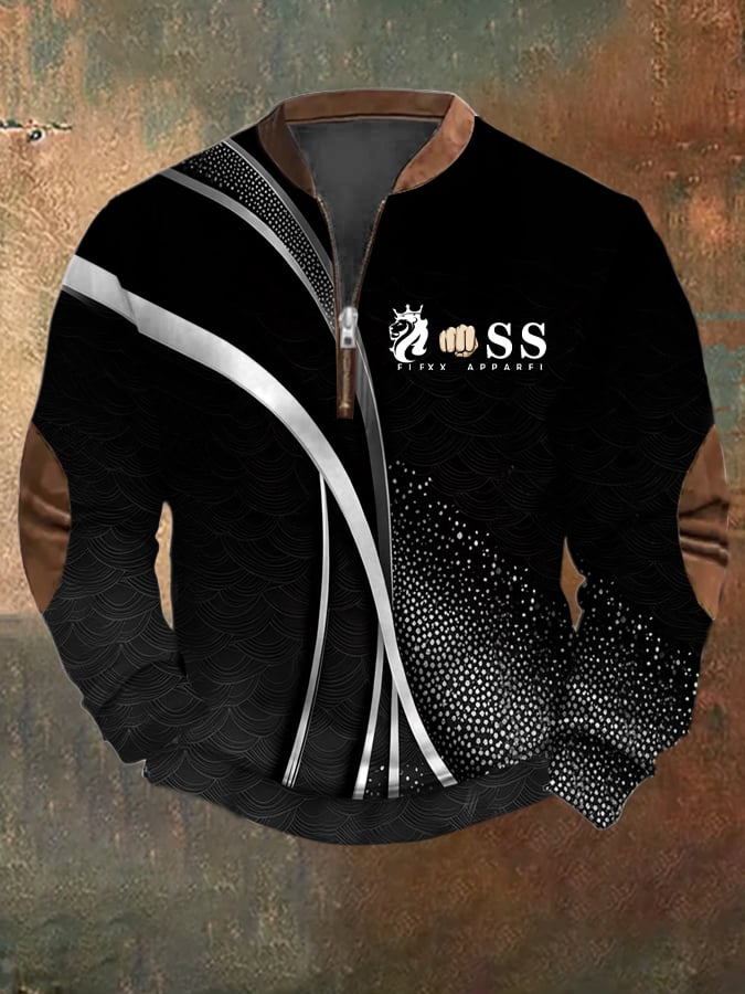 Men's Retro Letter Design Printed Casual Zipper Collar Long-Sleeved Sweatshirt