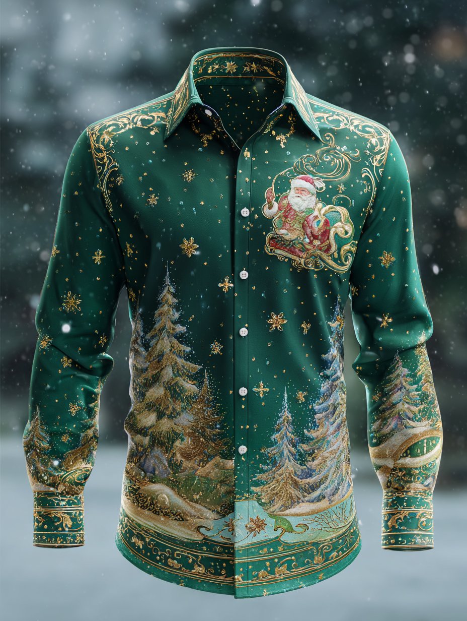 Men's Business Luxury Vintage Santa Claus Evergreen Pine Snowflake Long Sleeve Shirt