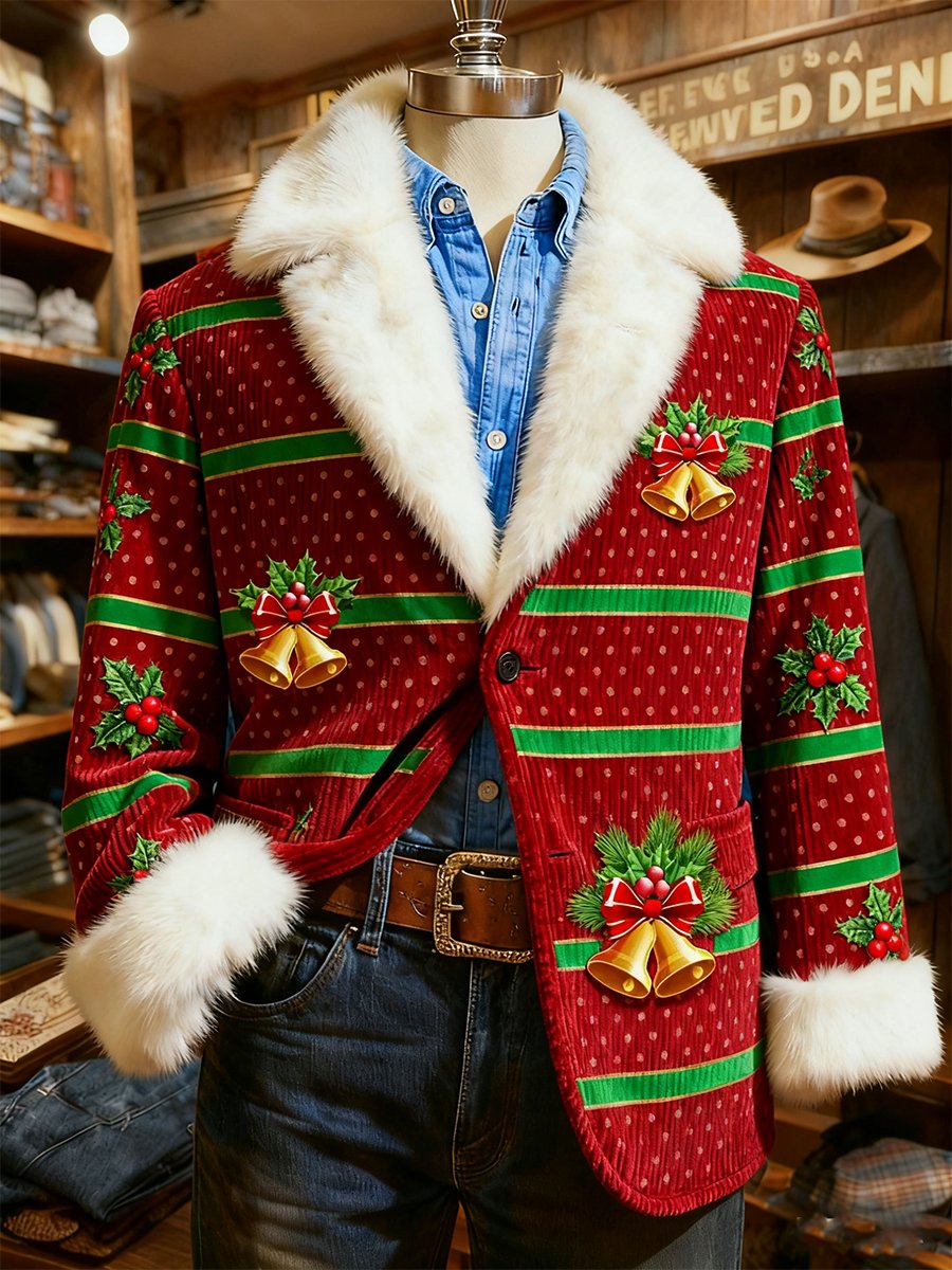 Men's Christmas Holly Bell Corduroy Lapel Plush Suit Jacket