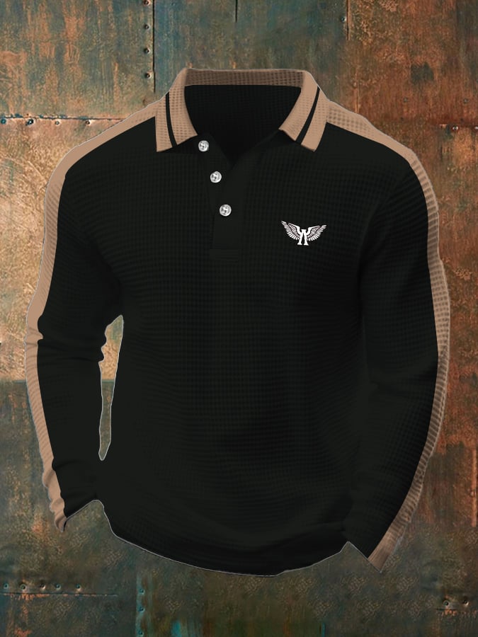 Men's Business Casual Waffle Fabric Long Sleeve Polo Shirt