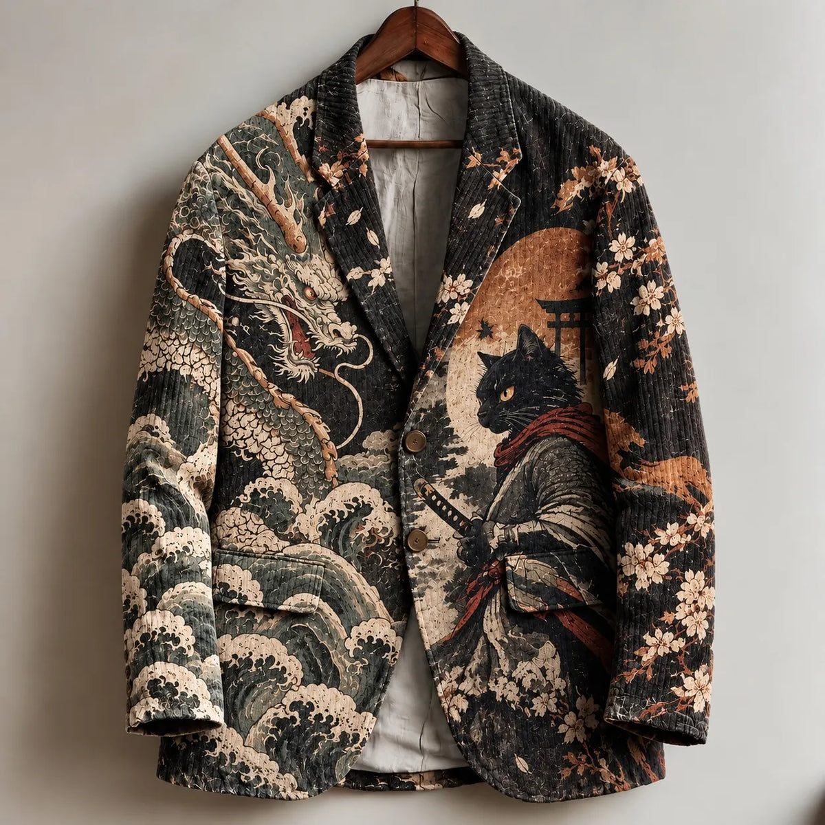 Men's Retro Japanese Art Black Cat Samurai And Dragon Print Casual Blazer