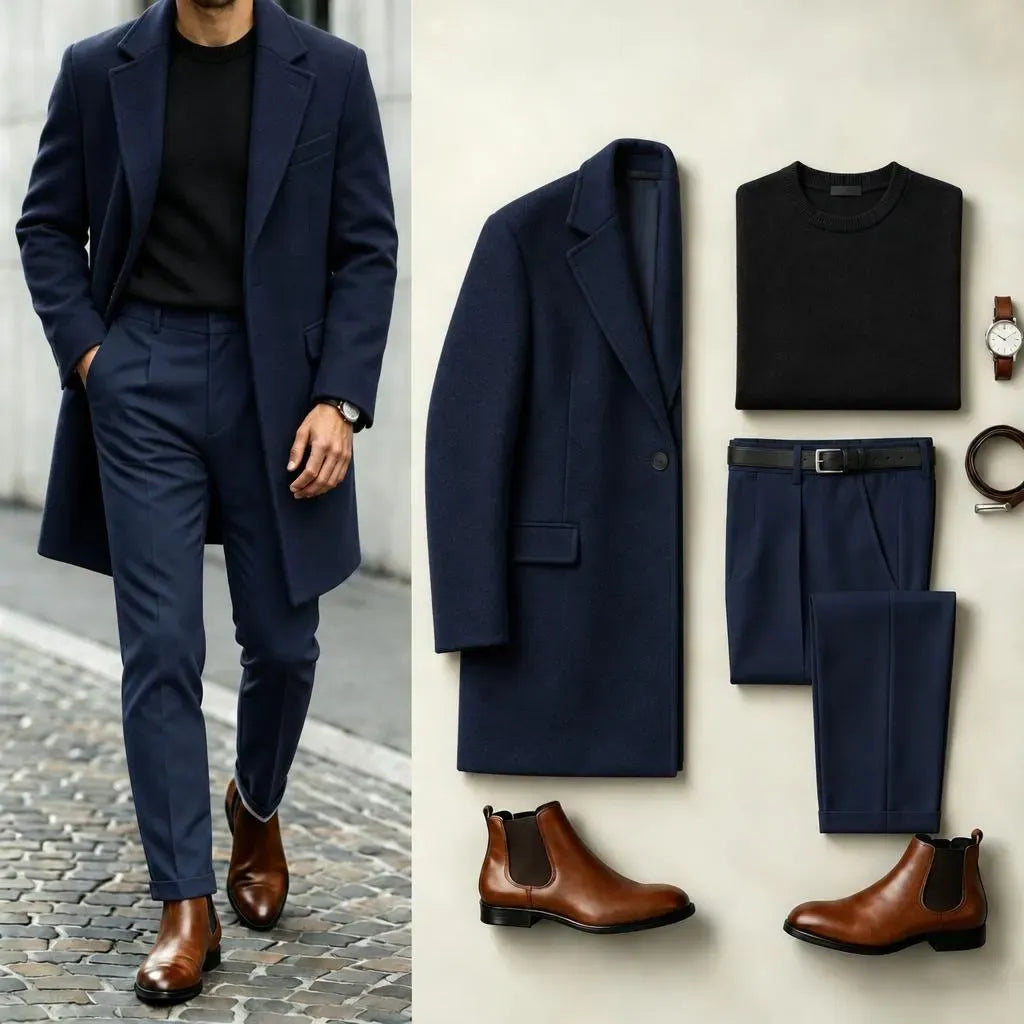 Men's Dark Blue Solid-Color Suit Set: Coat, Knit Sweater, and Dress Pants