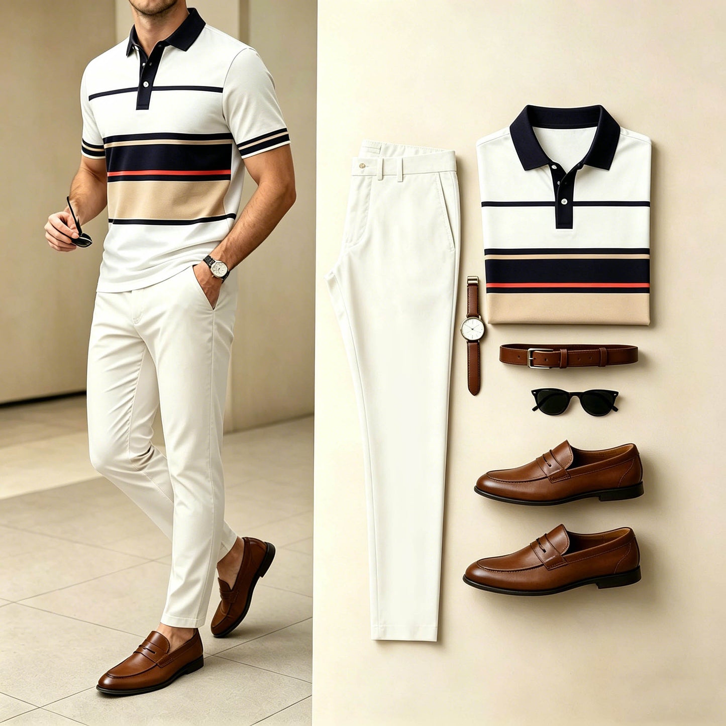 Men's Business Multi-Color Horizontal Stripe Color Block Polo Shirt And Pants Two-Piece Set