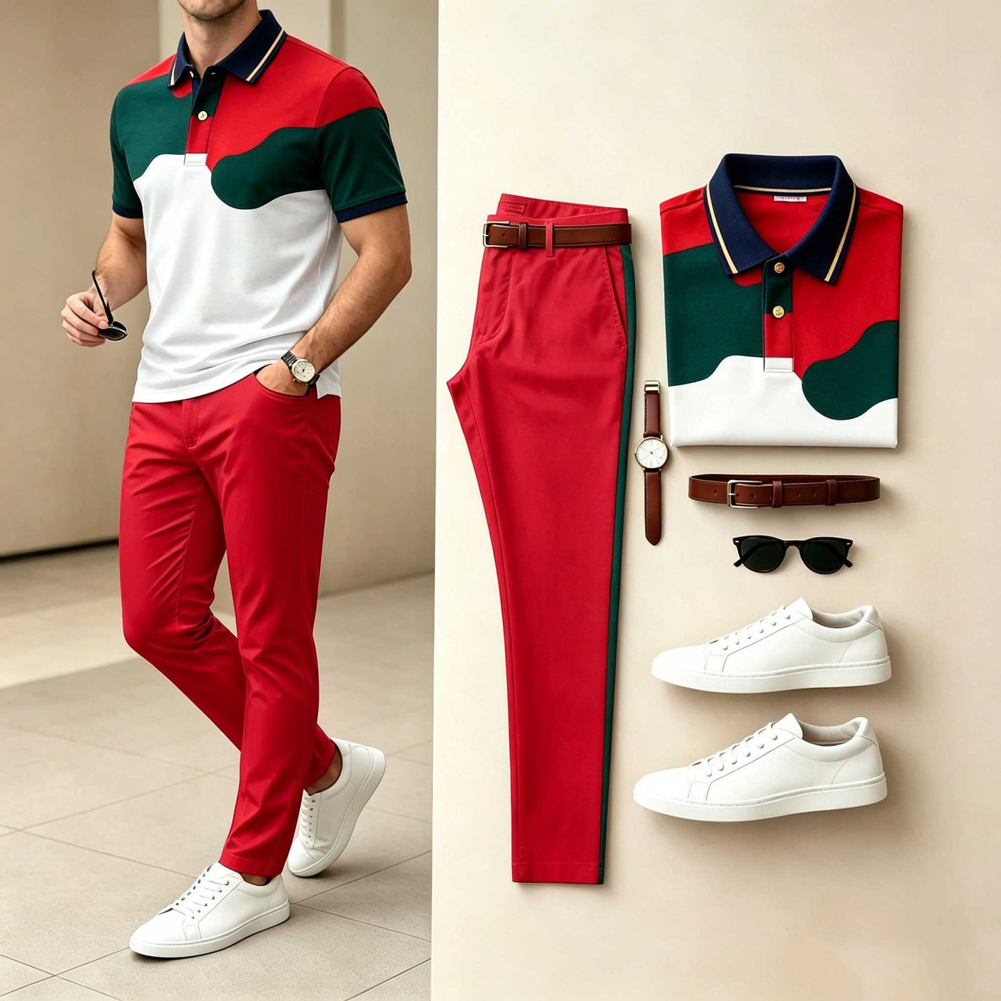 Men's Casual Red Green Color Block Printed Polo Shirt & Pants Two-Piece Set