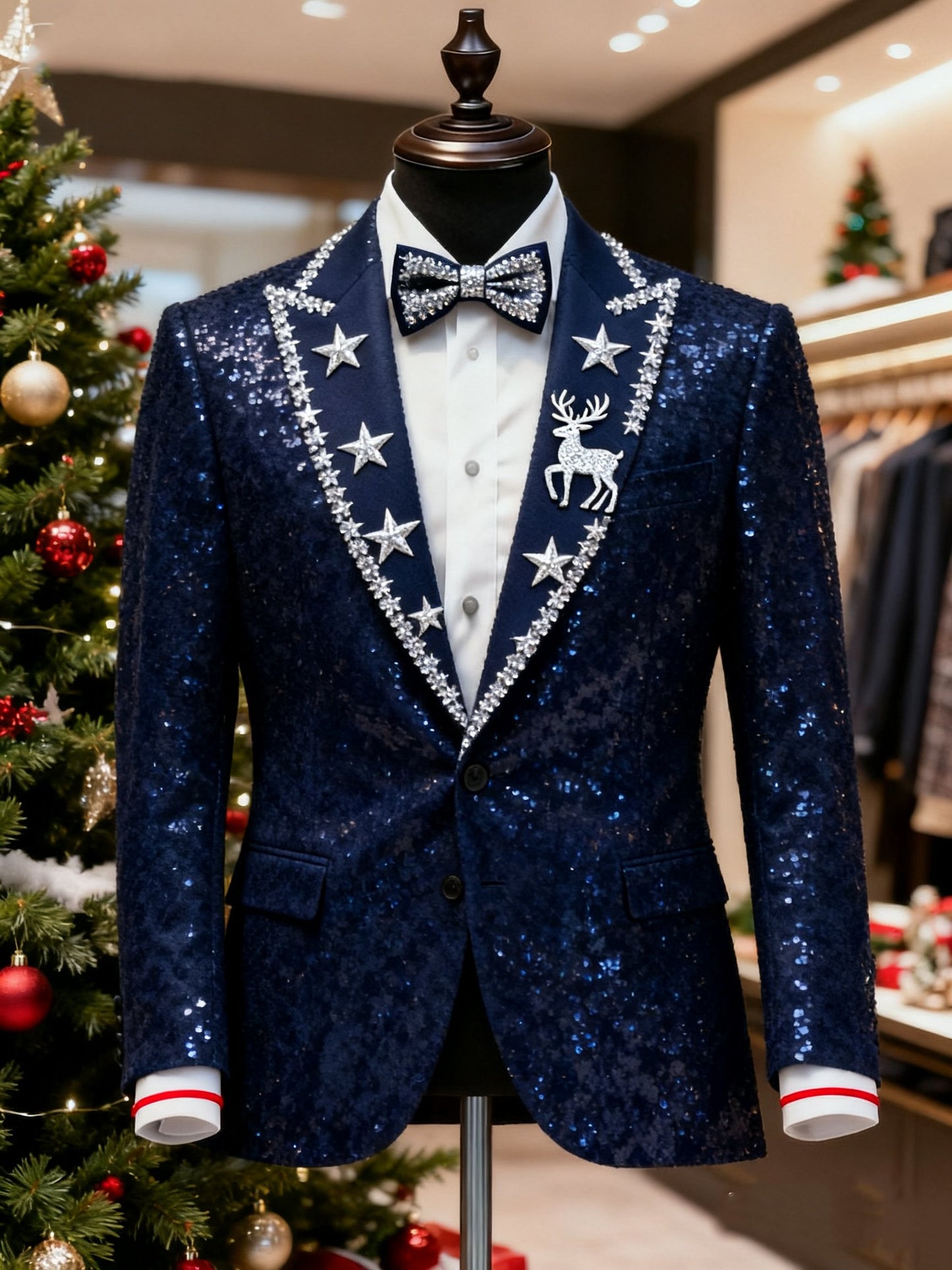 Men's Business Casual Large Pocket Notch Lapel Print Christmas Star Reindeer Blazers