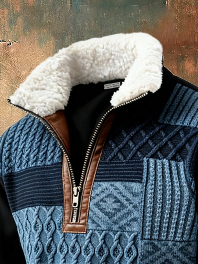 Men's Retro Color Block Print Casual Fur Collar Long Sleeve Sweatshirt