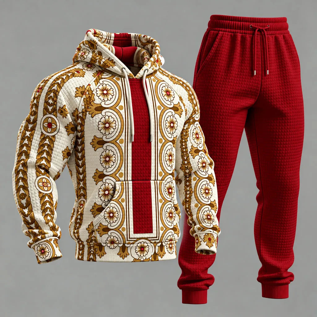 Men's Floral Baroque Print Hooded Sweatshirt and Sweatpants Set