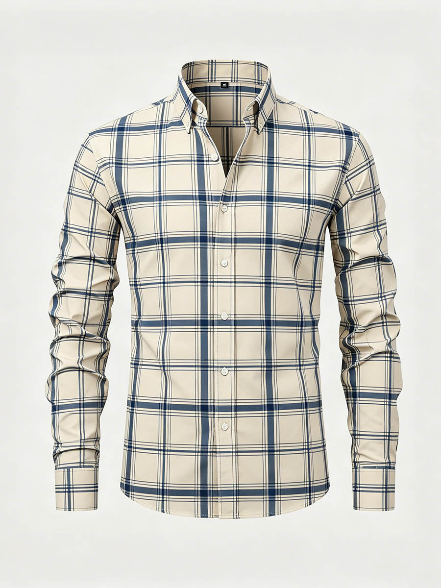 Men's Apricot Color Matching Checkered Printed Long Sleeve Shirt