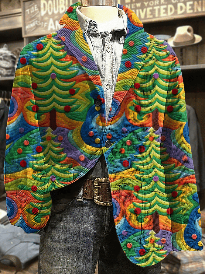 Men's Retro Christmas Art Print Corduroy Casual Jacket