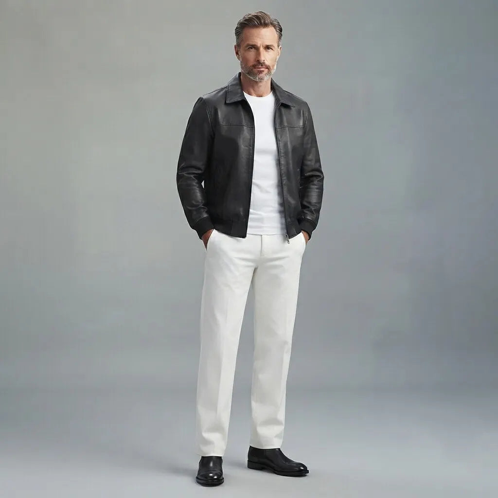 Men's Plain PU Leather Turndown Collar Slant Pockets Slim Zip-Up Bomber Jacket