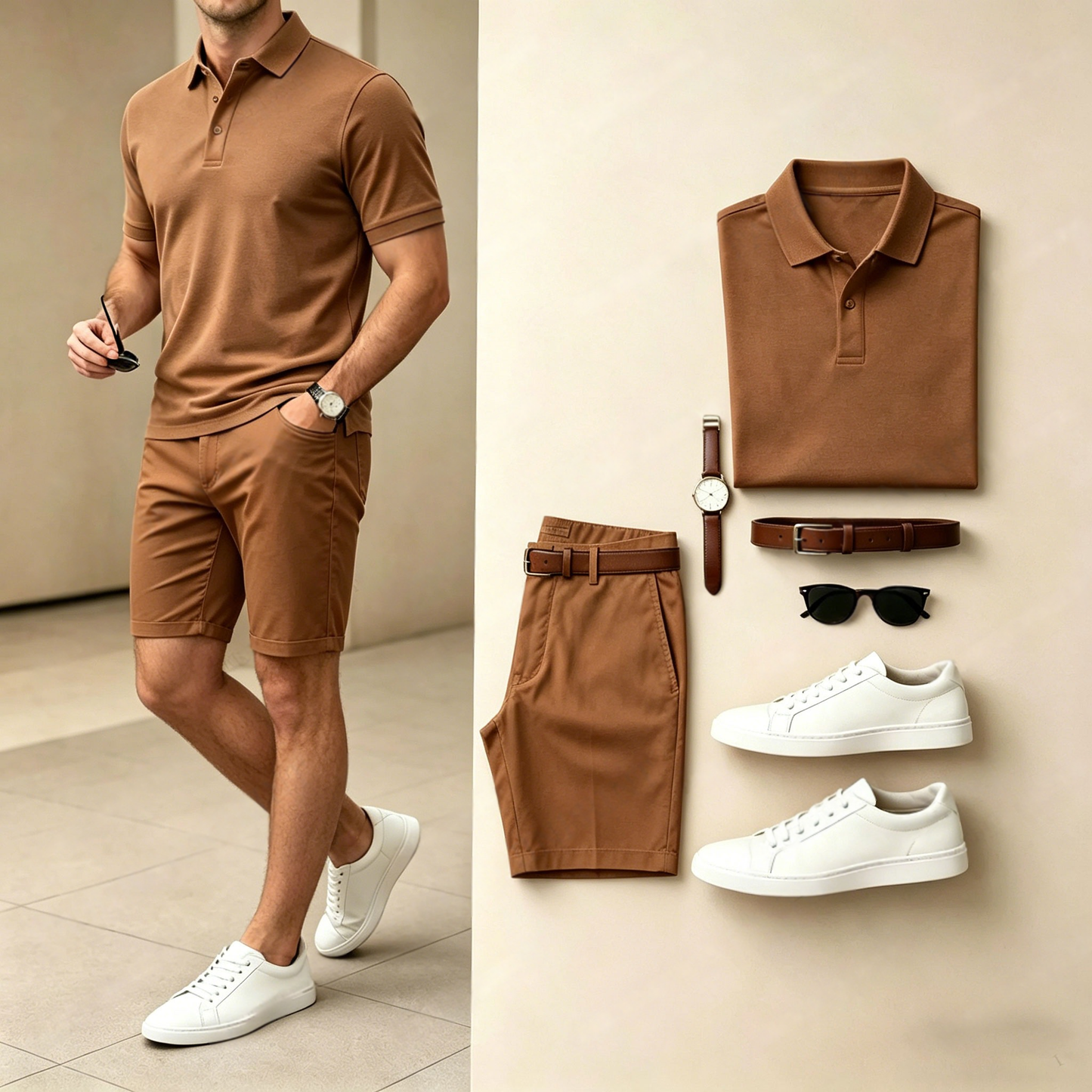 Men's Casual Solid Caramel Brown Polo Shirt And Shorts Two-Piece Set (Does Not Include Watch, Belt, Or Accessories)