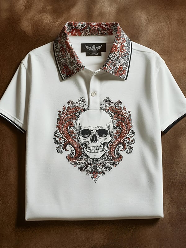 Men's Classic Business Paisley Skull Logo Short Sleeve Polo Shirt
