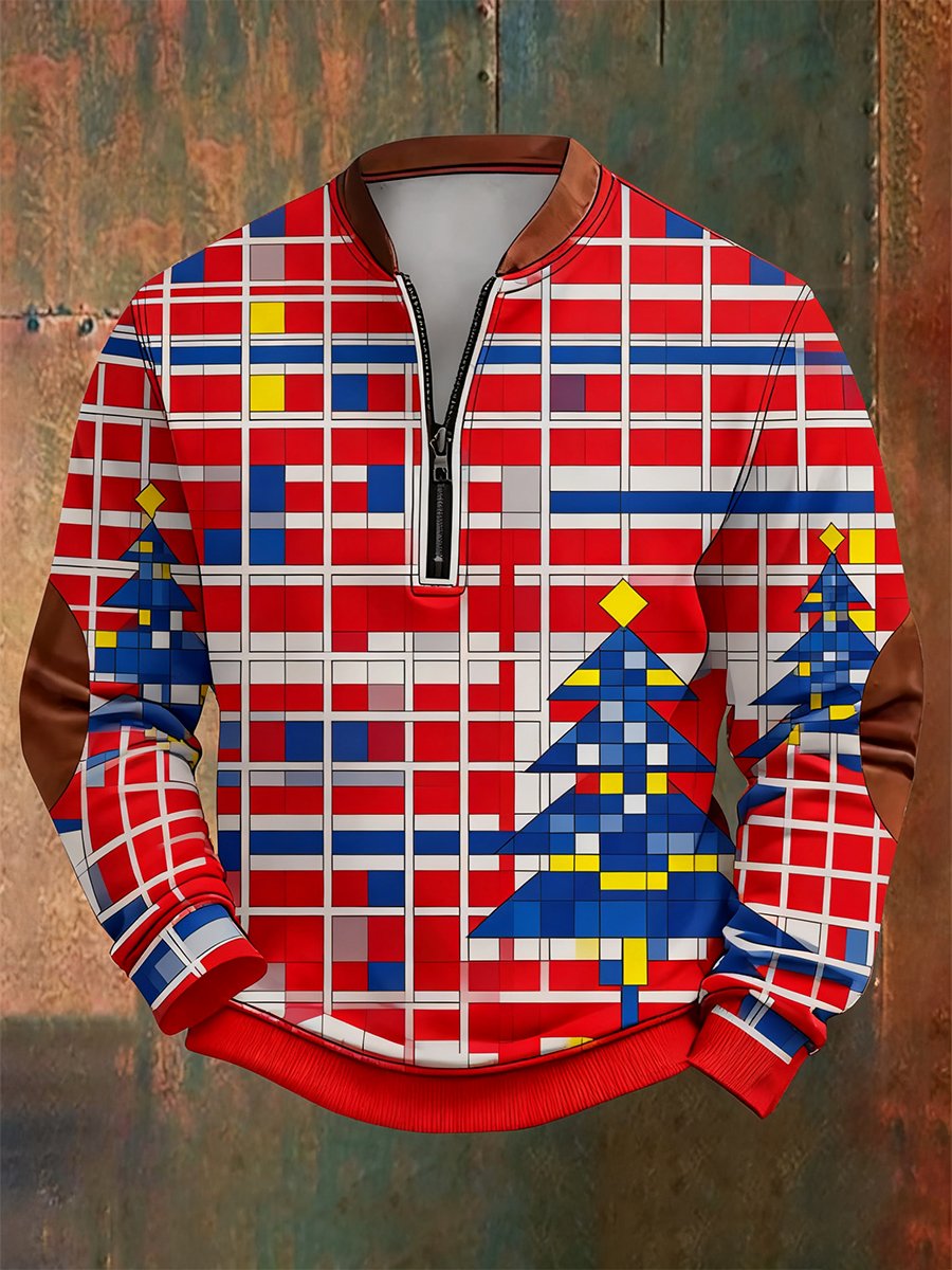 Men's Retro Christmas Bauhaus Geometric Style Print Quarter Zip Sweatshirt