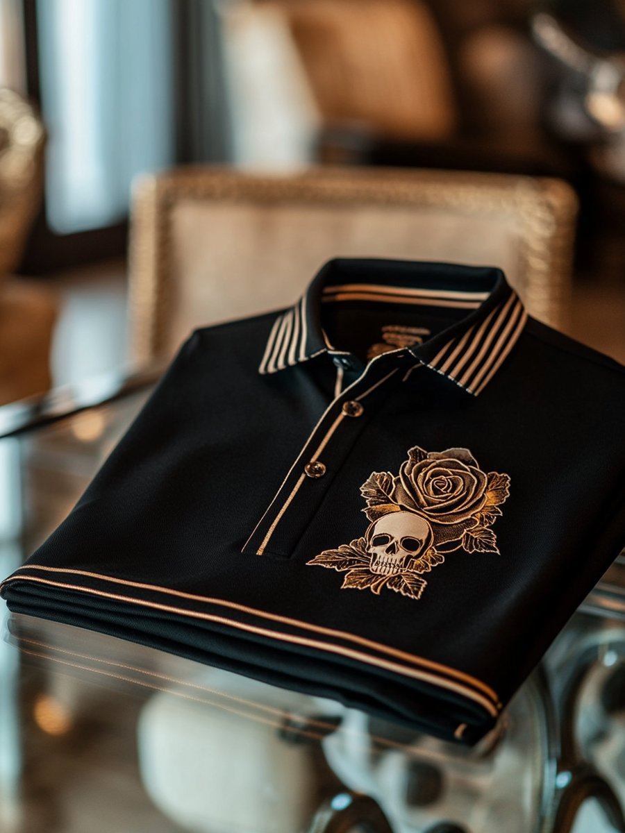 Men's Business Casual Black Skull Rose Logo Button Short Sleeve Polo Shirt