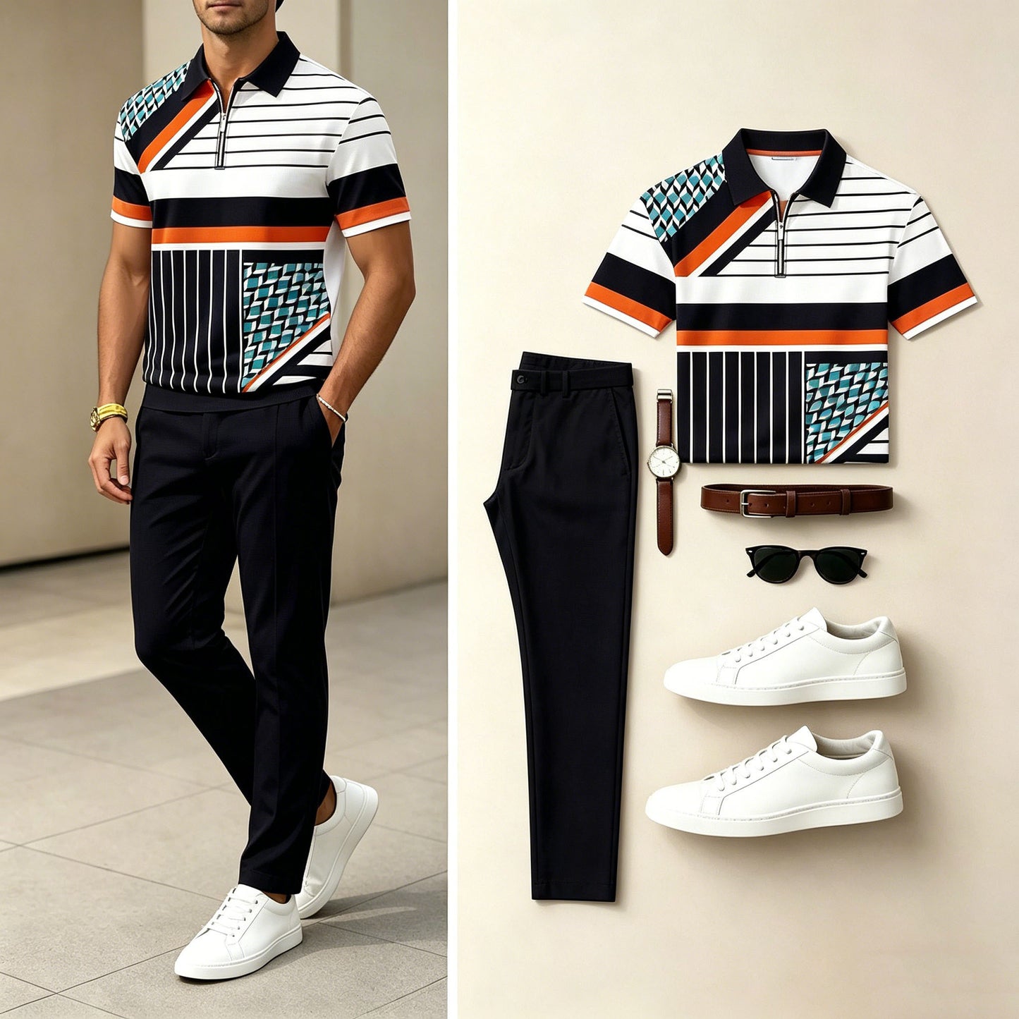 Men's Casual Printed Polo Shirt And Pants Two-Piece Set