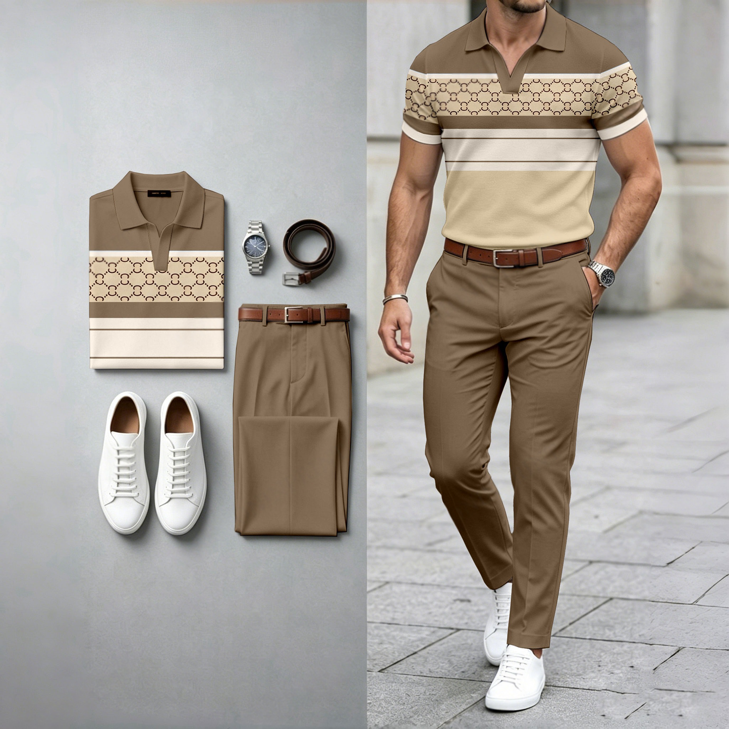 Men's Casual Color-Blocked Print Short-Sleeve Polo Shirt And Pants Two-Piece Set (Watch And Belt Not Included)