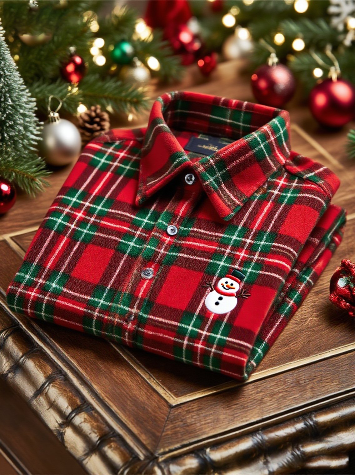 Men's Velvet Plaid Christmas Logo Casual Long Sleeve Shirt