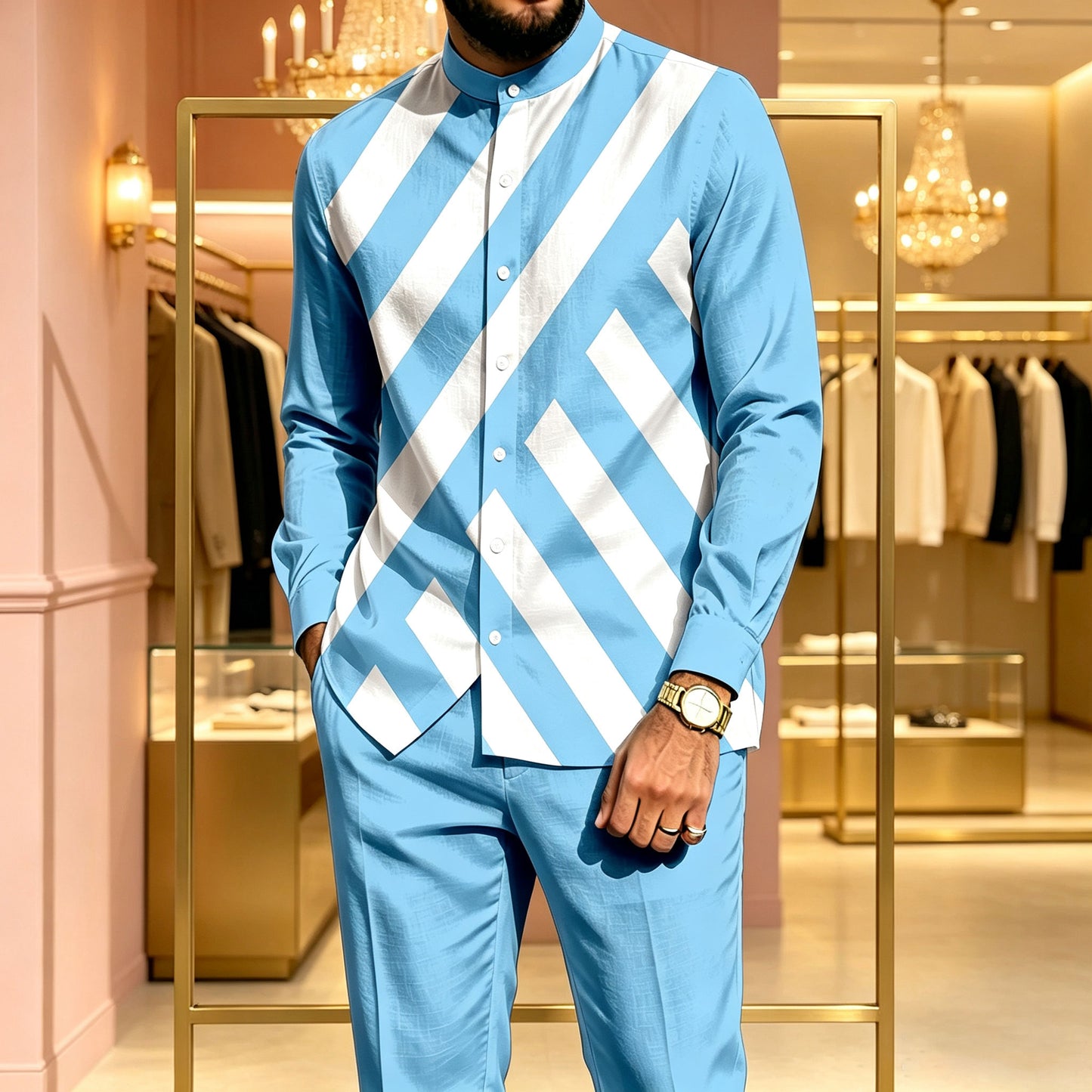 Men's Casual Diagonal-Striped Patchwork Print Stand-Collar Long-Sleeve Shirt and Pants Two-Piece Set