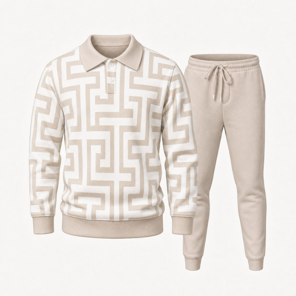Men's Two-Piece Set: Polo Shirt and Pants with Interlocking Pattern Print