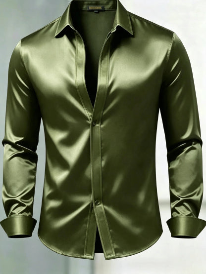 Men's Luxury Glossy Satin Long Sleeve Gradient Burgundy Dress Shirt