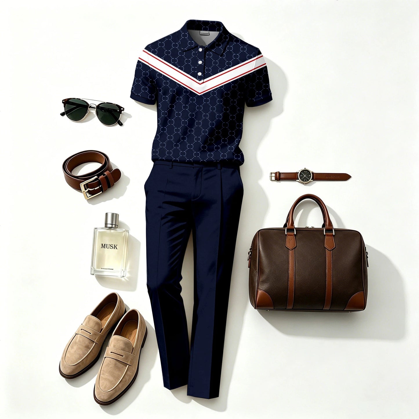 Men's Casual Color-Blocked V-Stripe Print Short-Sleeve Polo Shirt and Pants Two-Piece Set(Does Not Include Accessories Such As Watches Or Glasses)