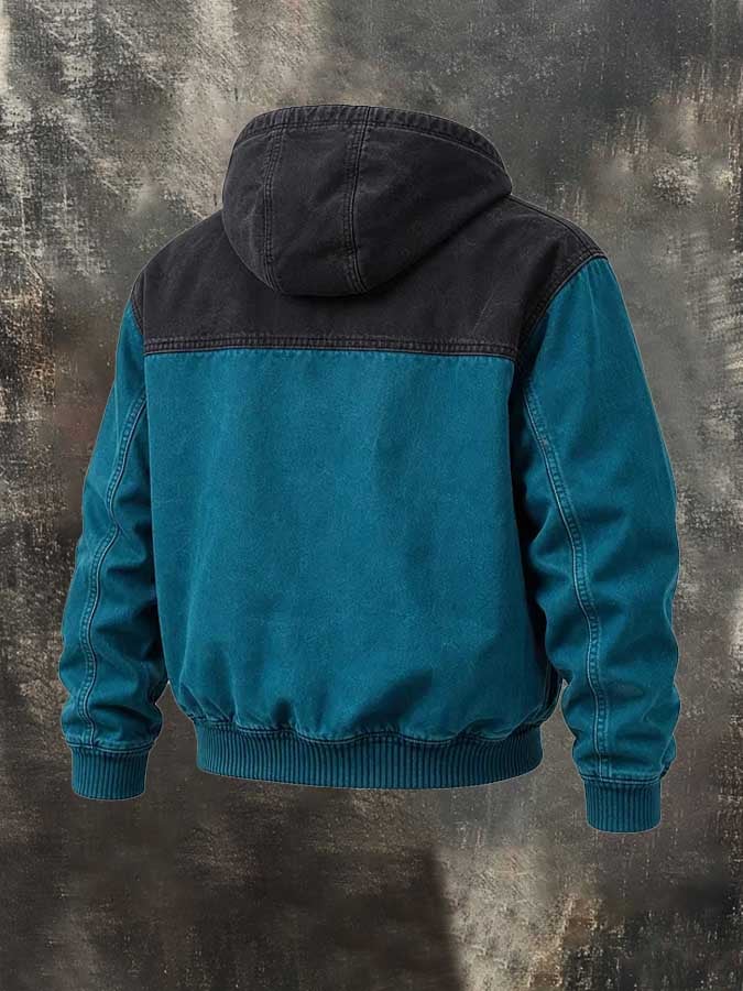 Men's Retro Color-Block Zip-Up Hooded Utility Jacket