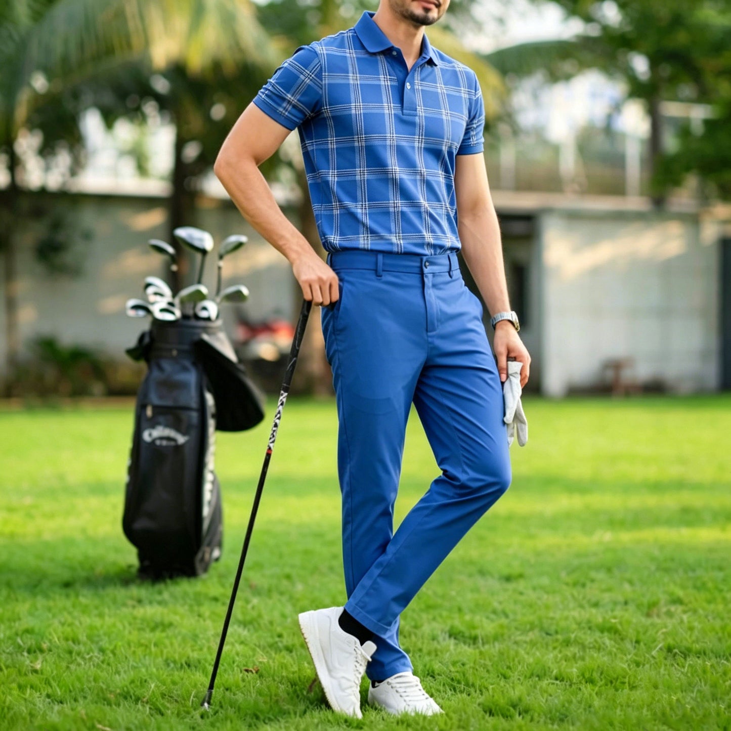 Men's Casual Dark Blue Plaid Printed Polo Shirt And Pants Two-Piece Set